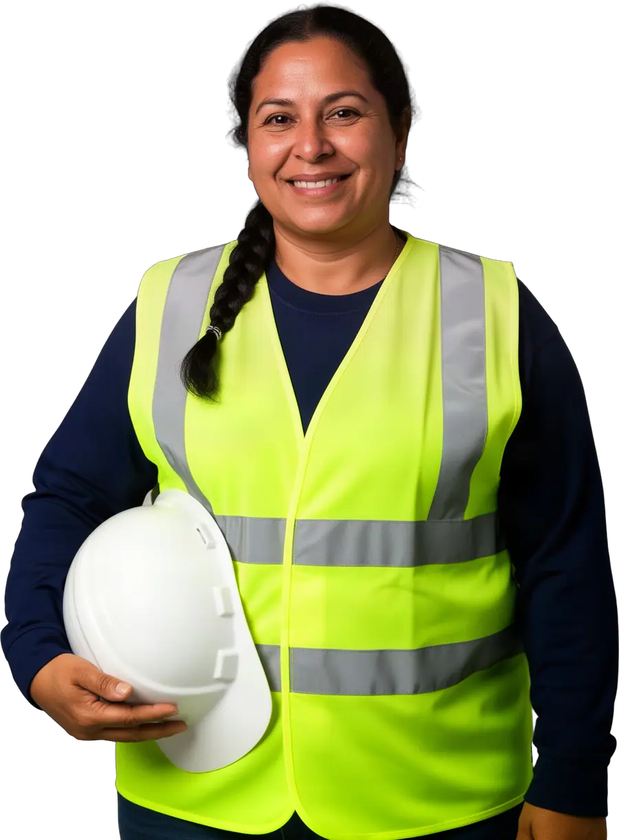 Smiling woman with long dark braid in lime hi-vis vest holding a white hard hat under her arm