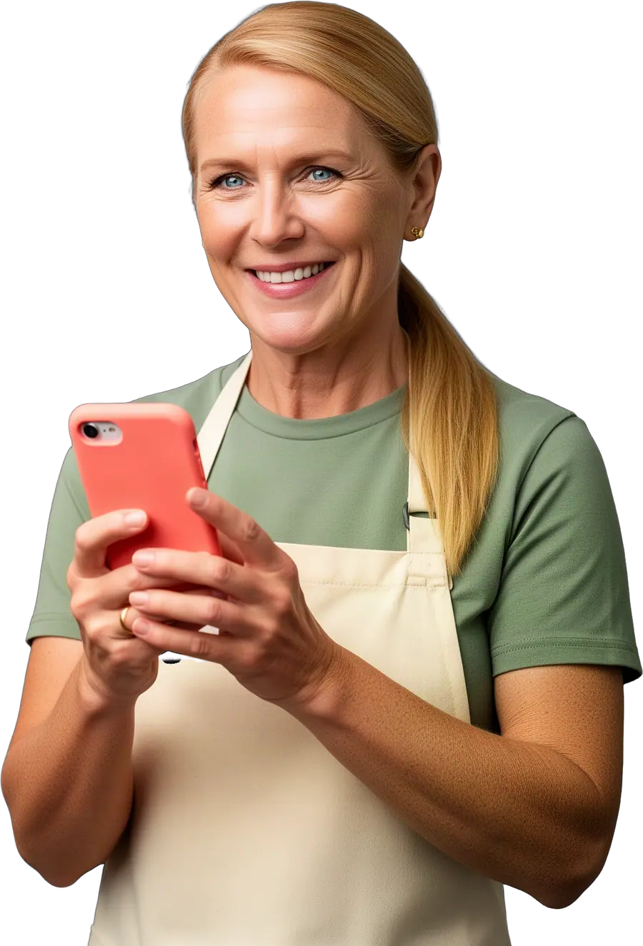 Smiling woman in sage-green shirt and cream apron holding a coral smartphone in both hands