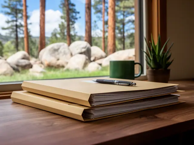 Stack of plain kraft document folders with a pen on a wooden desk by a window with pines and boulders